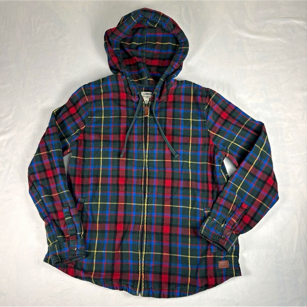LL Bean Mens Plaid Cotton Flannel Hooded Full Zip Shirt Jacket M 502092